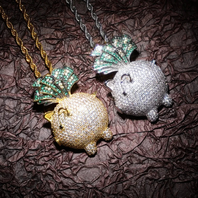 CZ Brass Gold Plated Hip Hop Piggy Bank Pendant Necklaces Rope Chain Sparkling Zircon Women Men Unique Animal Charm Jewelry