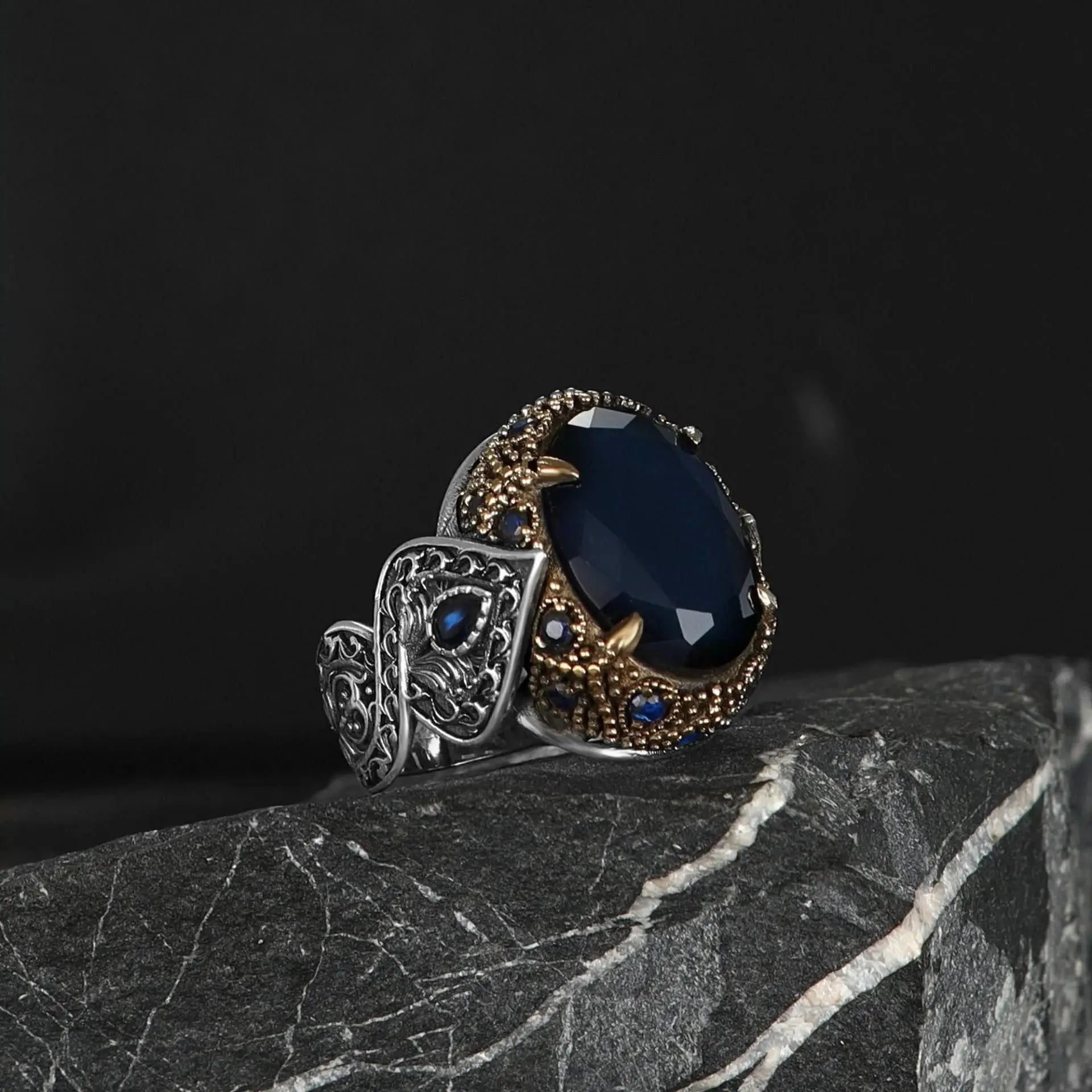 Turkish-made 925 Sterling Silver Men's Ring Ottoman Style Natural Stone Fine Jewelry Gemstone Azuris VALKH1968