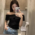 French-Style Ruffled T-Shirt Summer Y2K New Trend Elegant Pleated Short Sleeve Slim-Fit Sexy Cropped Off-Shoulder Top