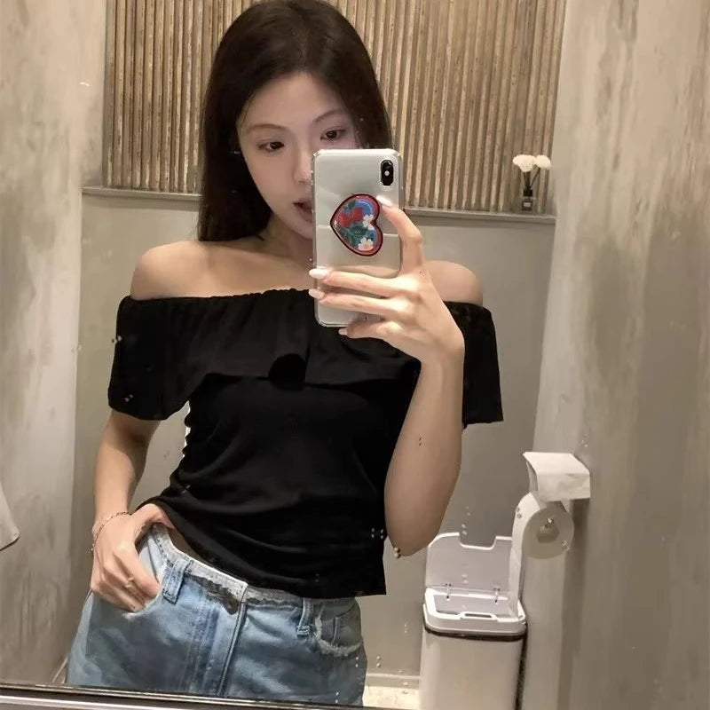 French-Style Ruffled T-Shirt Summer Y2K New Trend Elegant Pleated Short Sleeve Slim-Fit Sexy Cropped Off-Shoulder Top