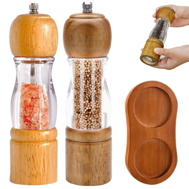 Wood 8 Inch Manual Salt and Pepper Shakers with Adjustable Coarseness Acrylic Wooden Salt and Pepper Grinder Set with Tray