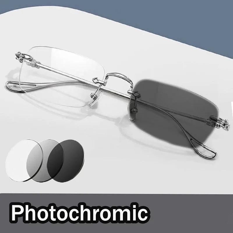Logo Custom Fashion Men Women Transparent Eyeglasses Lens Color Changing Eyewear Rimless Square Photochromic Glasses Men Women