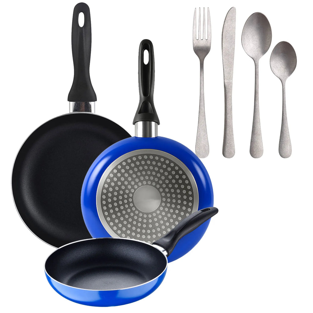 Set of 3 San Ignacio frying pans (16+20+24cm) pressed aluminum blue + Set of 16 stainless steel cutlery