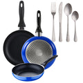 Set of 3 San Ignacio frying pans (16+20+24cm) pressed aluminum blue + Set of 16 stainless steel cutlery