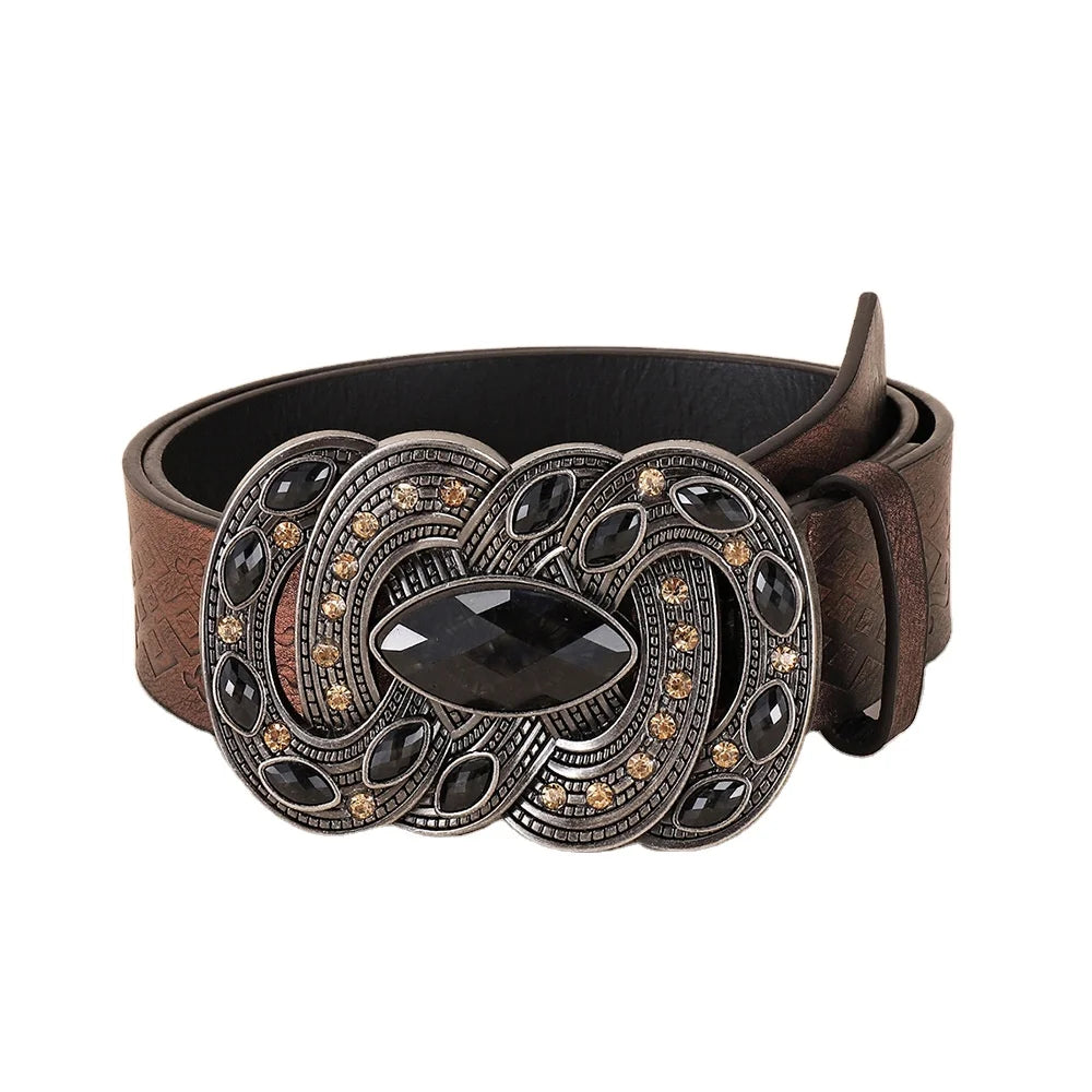 2025 Luxury Casual Western Alloy Gemstone Studded Heavy Metal Design PU Leather Belt for Men and Women