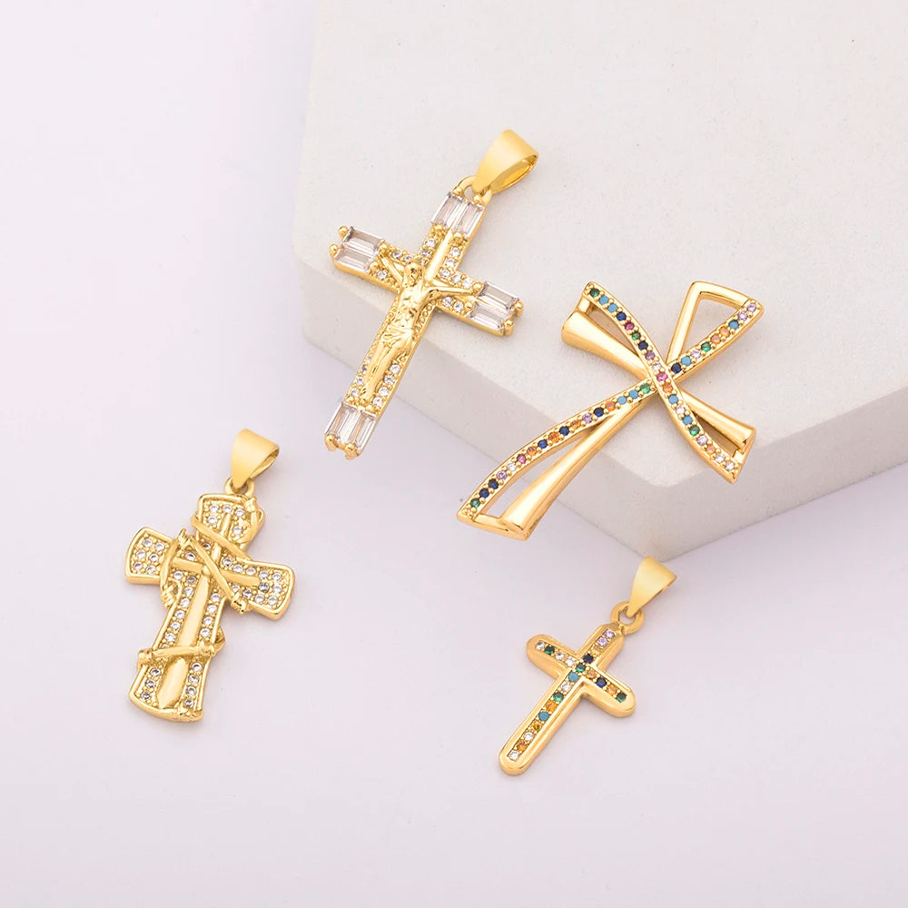 QIKU Bulk Supply Dainty Gold Plated Cross Charms for DIY Necklace Religious Jewelry Wholesale