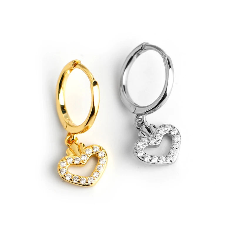 EH1082 Fashion Jewelry 925 Sterling Silver Hollow Heart Diamond Zircon Gold Plated Hoop Earrings for Women Valentine's Day MegaBDM