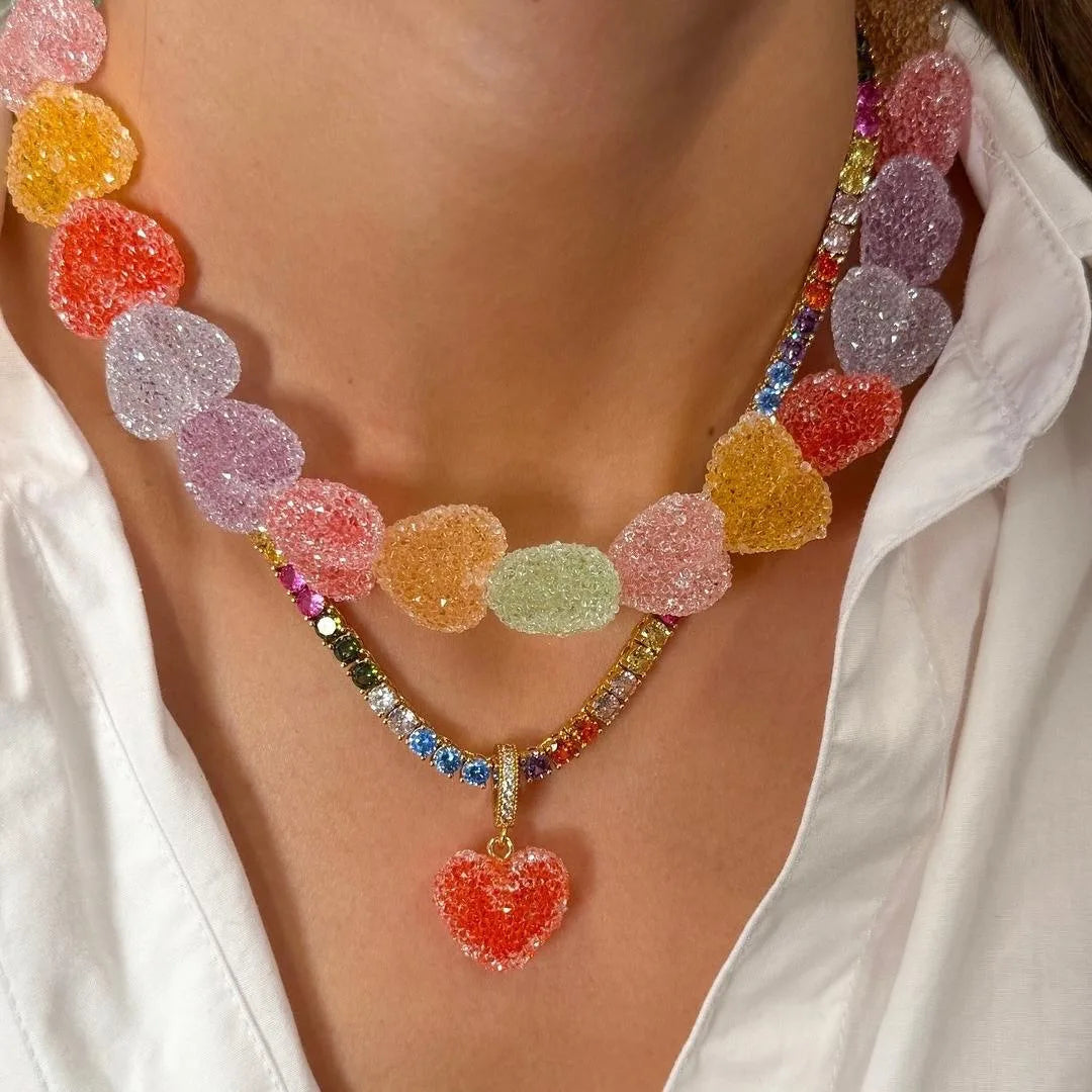 Cute Resin Sugar Design Fashion Heart Beaded Necklace for Women Girls