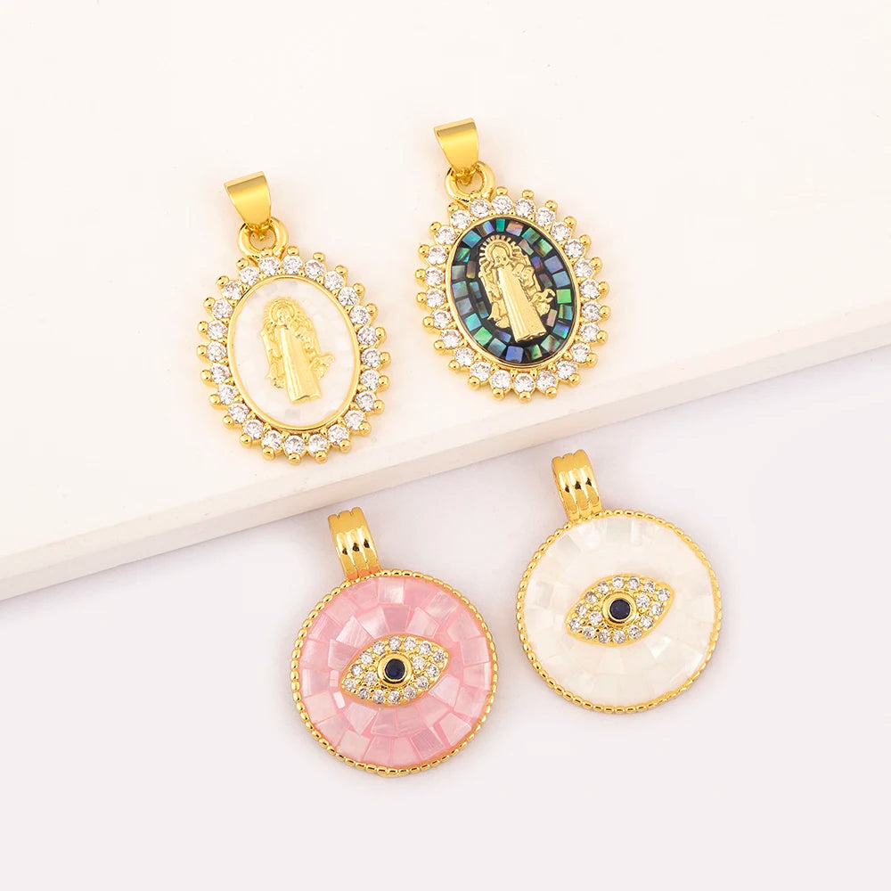 Gold Plated Religious and Eye Pendant with Mother of Pearl and Cubic Zirconia for Fashion Jewelry Making Wholesale Accessories