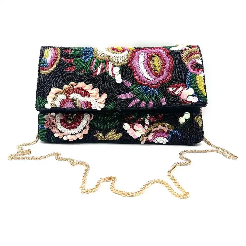 Black Glass Sequin Beaded Clutch Crossbody Purse Floral Design Vibrant MS Handicraft Customized Beads Color Shape Model