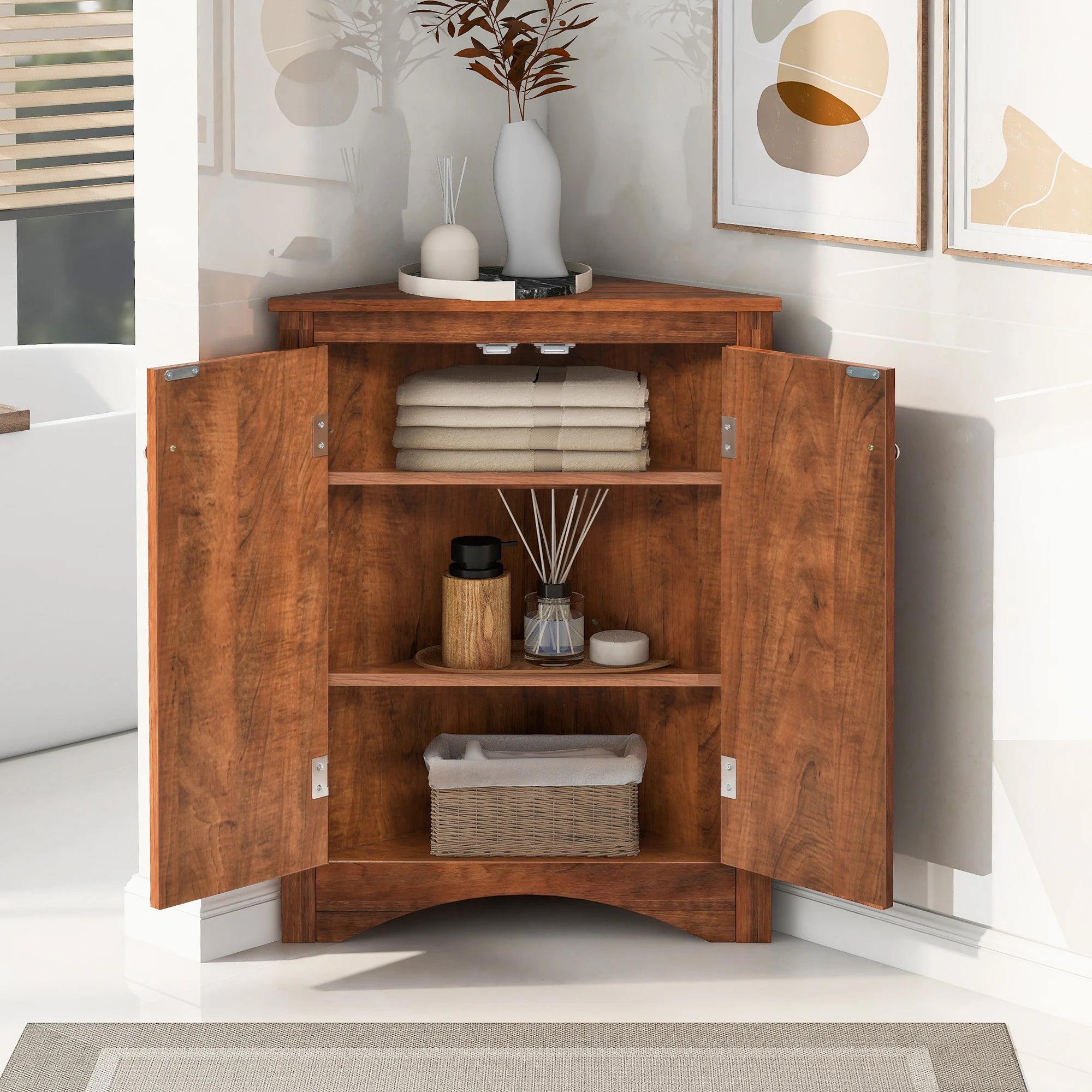 US Warehouse Brown Triangle Bathroom Storage Cabinet with Adjustable Shelves Freestanding Floor Cabinet for Home