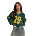 Green Mesh Knit Jersey Top with Yellow 29 Print and Star Sleeve Design Women Loose Streetwear Pullover Sweater 2025 Fashion