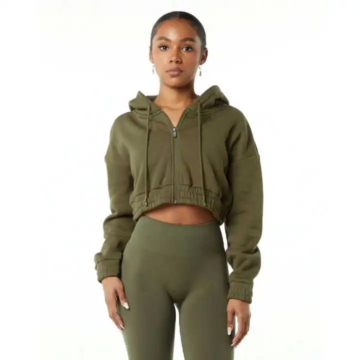 Custom Logo French Terry Streetwear Plain Cropped Full Zip up Cotton Hoodie for Women's Sweatshirt
