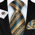 Men'S 3.15inch Silk Tie Set  Classic Blue & Golden Striped Design Includes Pocket Square & Cufflinks Perfect for Weddings