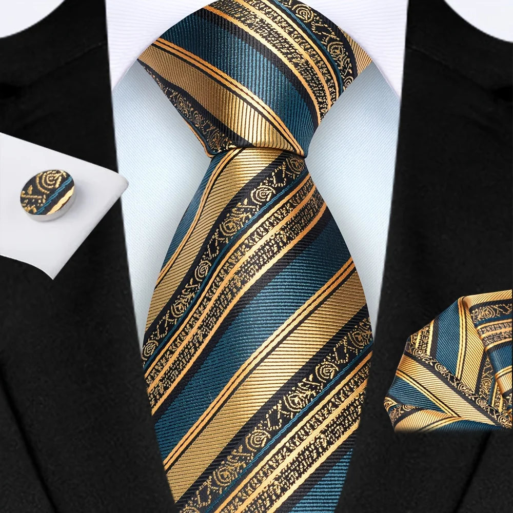 Men'S 3.15inch Silk Tie Set  Classic Blue & Golden Striped Design Includes Pocket Square & Cufflinks Perfect for Weddings