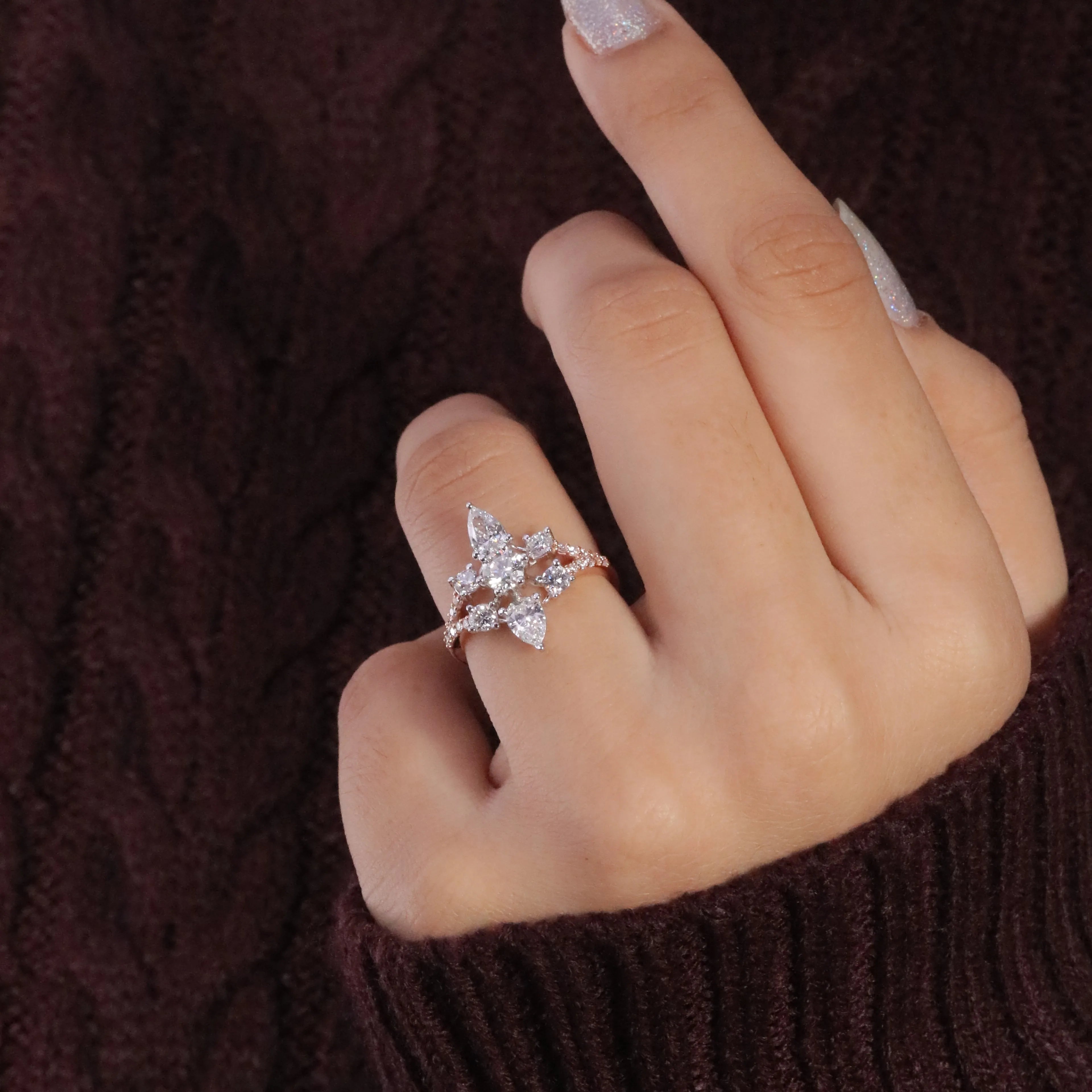 Luxury Vintage Ring Wedding Ring Set Pear Cut Zircon Halo Rose Gold Ring V Band Women Engagement Ring Sets Party Sterling Silver