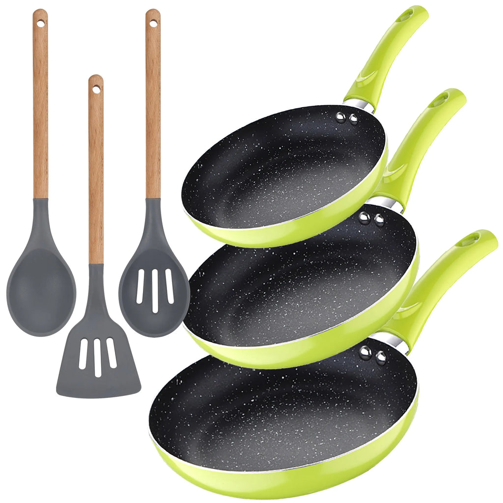 Set of 3pc frying pan (20+24+28cm) green pressed aluminum with set of 3pc kitchen utensils silicone wood