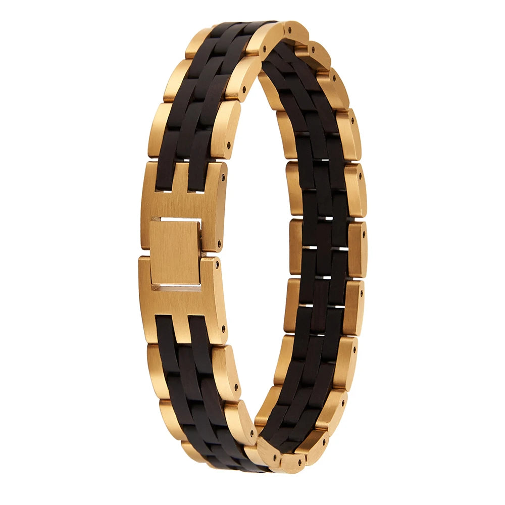 Personalized Vintage Wooden Chain Bracelet with Golden Plated Stainless Steel for Men's Anniversary Occasion