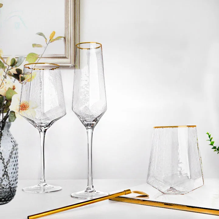 Stocked Hammered Texture Diamond Wine Glass champagne Glass Drinking Glass with Gold Rim