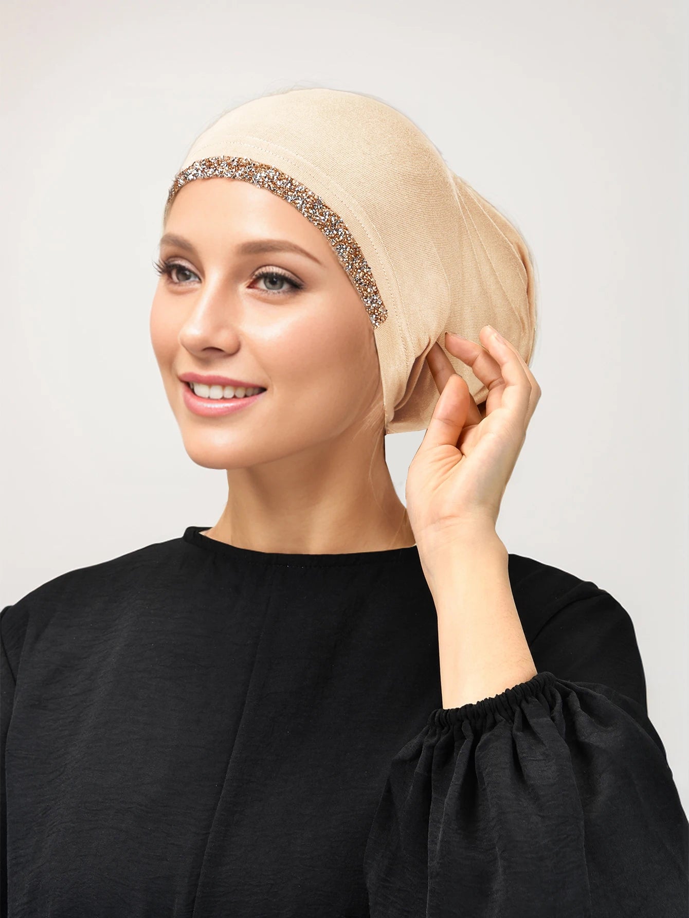 Ramadan Soft Cotton Bnadana Solid Muslim Turban Tube Cap Shinny Rhinestone Hijab Cap for Women