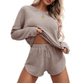 Women's Soft Waffle Knit Long Sleeve 2-Piece Set Solid Pattern Top and Shorts Y2K Fashion Wholesale Clothing