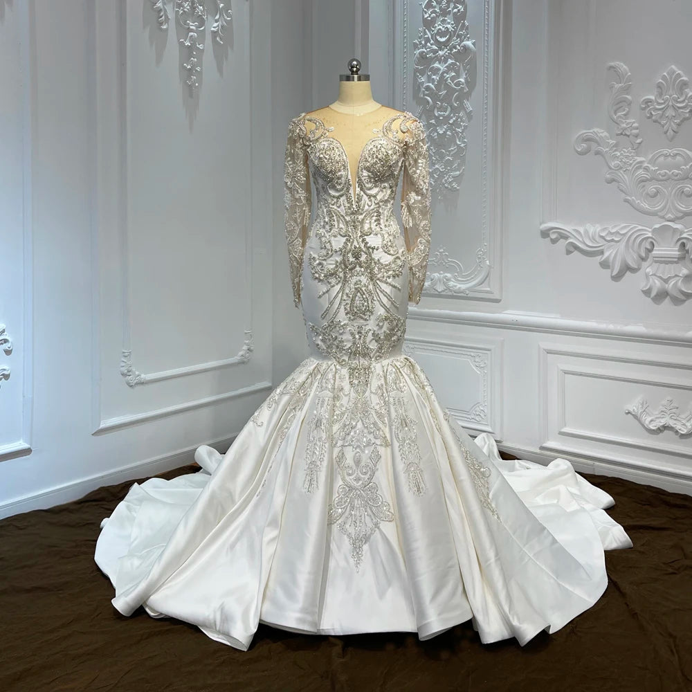 Jancember LSCJ25 Luxury Heavy Beaded Satin Mermaid Long Sleeve Wedding Dresses