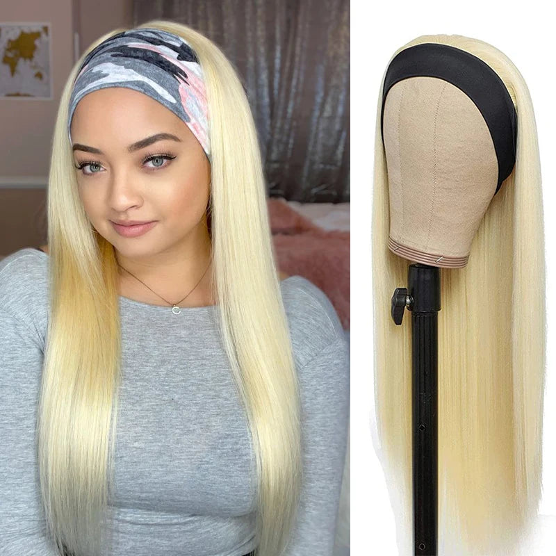 CLJhair Blonde Headband Wig Human Hair 613 Blonde Straight Headband Wig None Lace Front Wigs Machine Made MegaBDM