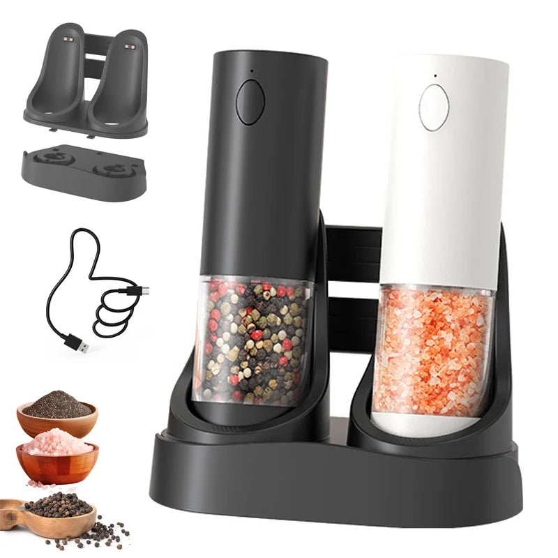 Custom 2Pack Adjustable Coarseness Large Capacity Electric Salt and Pepper Grinder Mills Set with Charging Base and LED Light