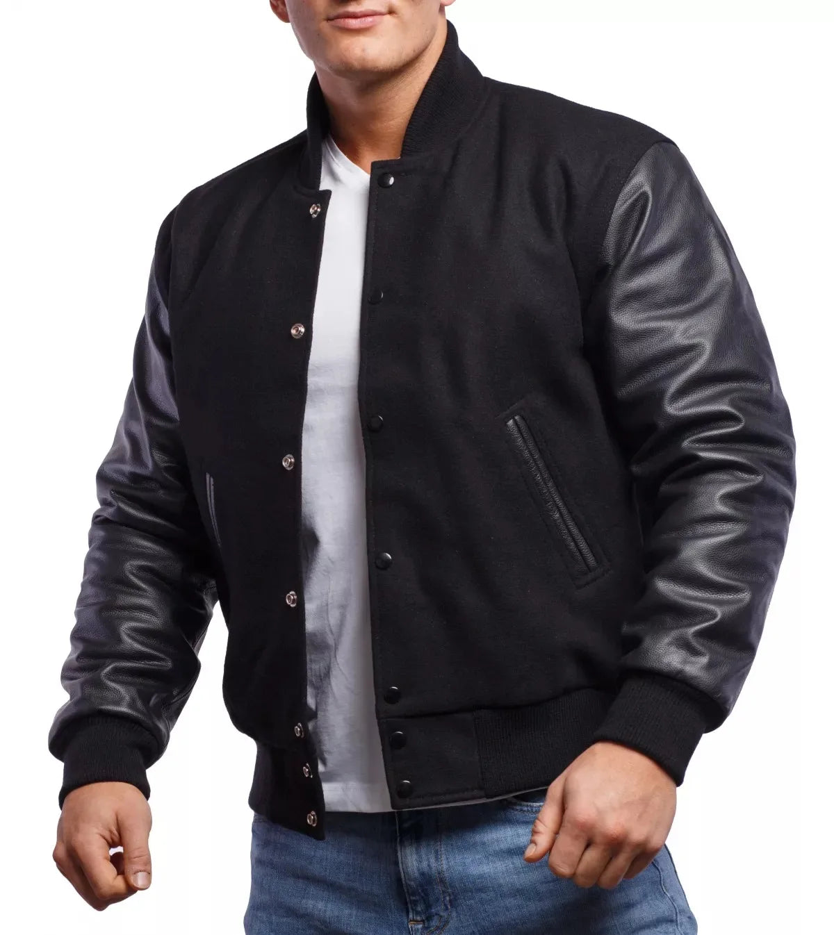 All Black Varsity Jacket Faux Leather Sleeves Snap Button Closure Wool Body Custom Logo Bomber College Style Letterman Coat