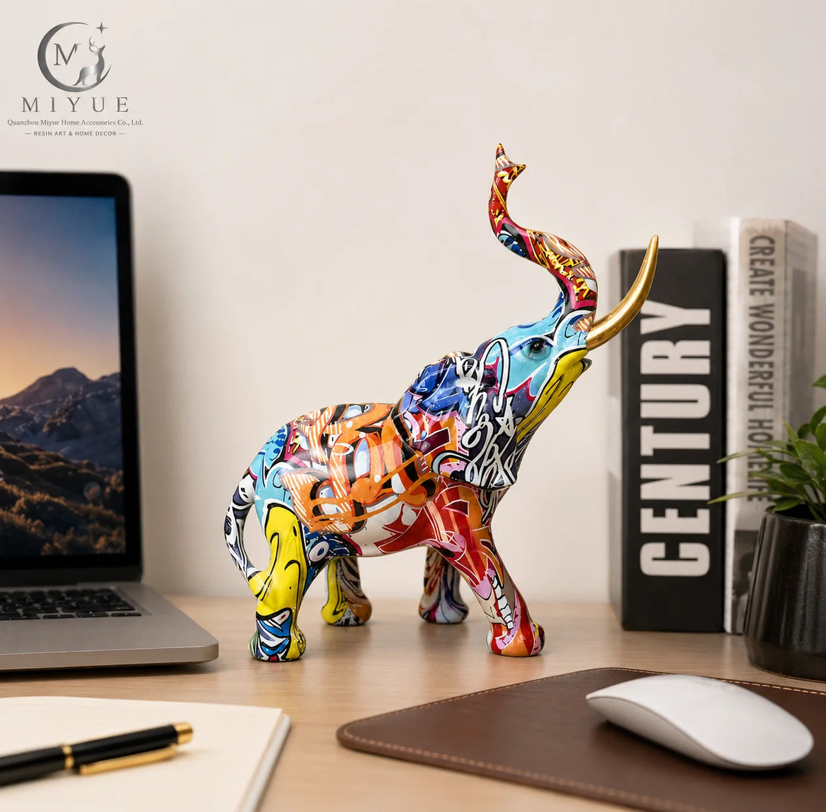 Nordic Style Colorful Graffiti Elephant Resin Statue Golden Tusks Lucky Elephant Glossy Tabletop Home Decor Gift MegaBDM
