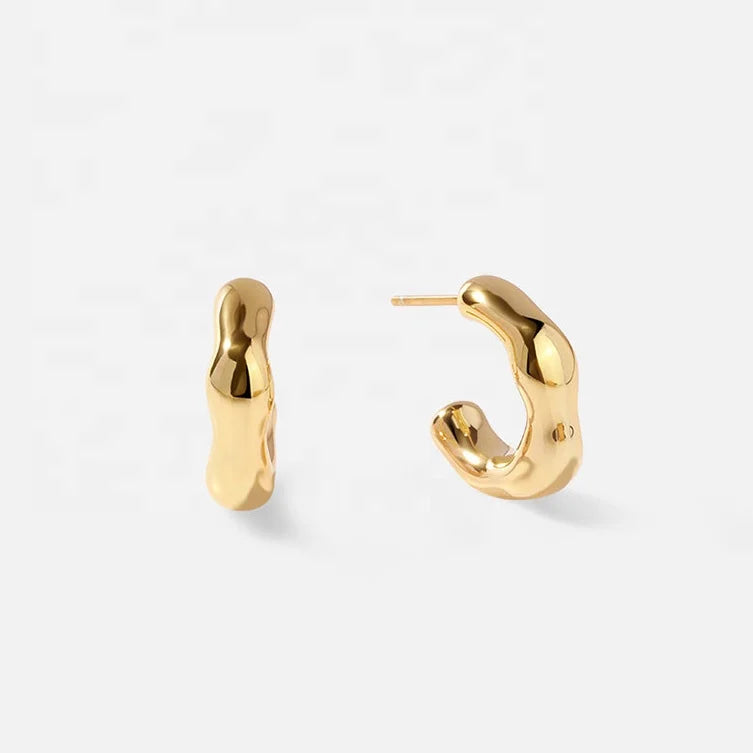 New Design 925 Sterling Silver 14/18K Gold Plated Vermeil Chic Fashion Trendy Jewelry Unique Stylish Wave Hoop Ladies Earrings