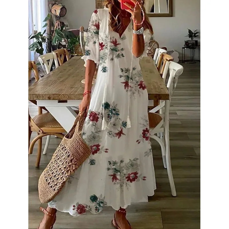 Women's Casual Sweet Loose V-neck Printed Tassel Mid-sleeve Long Dress