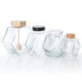 Hot Sale clear Empty Flat Hexagonal Honey Glass Jar with Wooden Lid