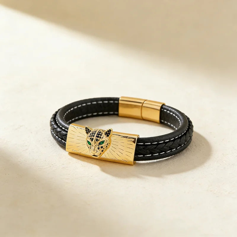 Punk Design Cheetah Head Stainless Steel Mens Leather Bracelet Sewing Thread Magnet Claslp Jewelry for Party Customized