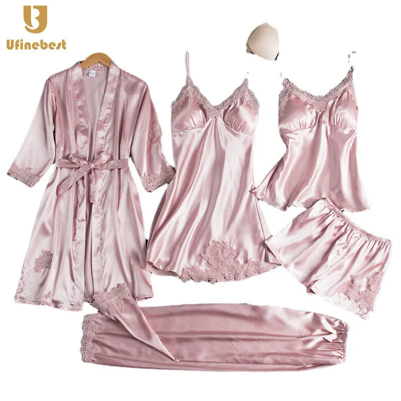 Pajamas Female Summer Ice Silk Sexy Home Wear Long Sleeve Thin Large Size Cross-border Five Pieces Bathrobe Set Dress