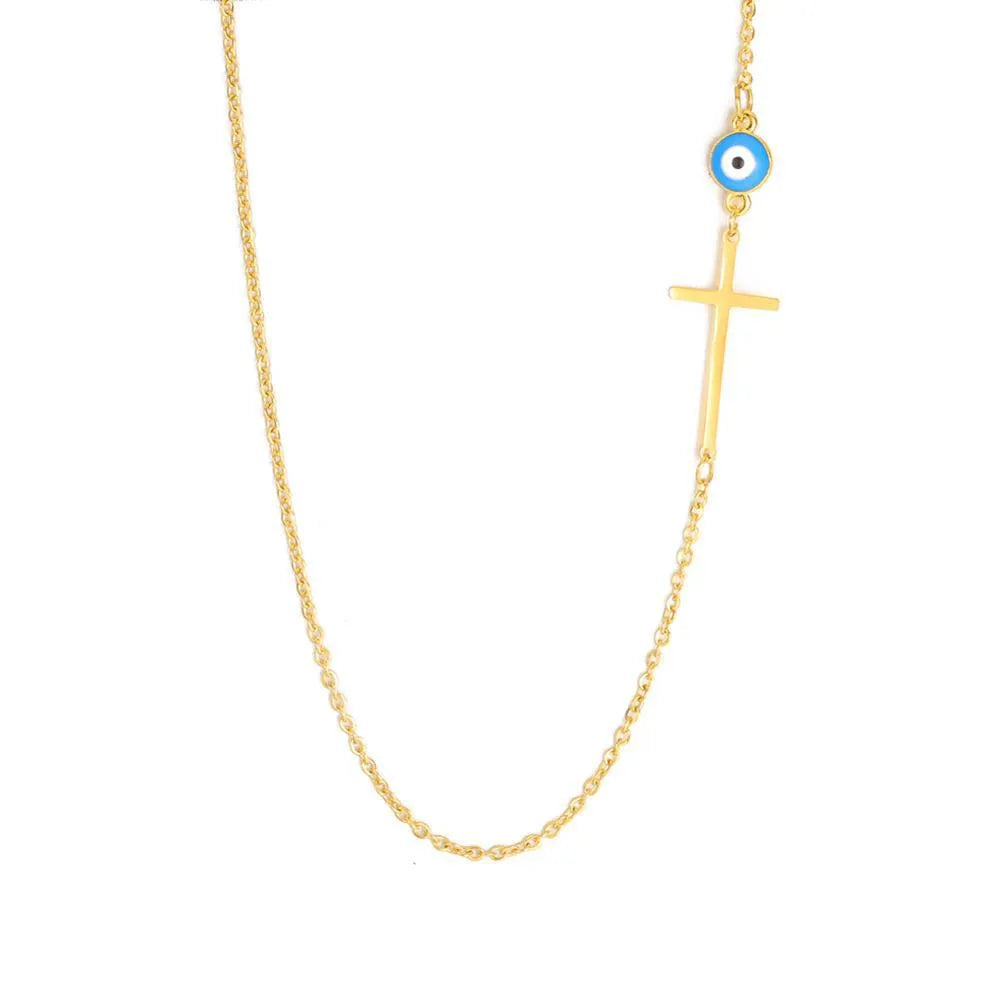 Wholesale Gold Plated Religious Peace Stainless Steel Pendant Bead Turkish Evil Devil Eye Cross Necklace