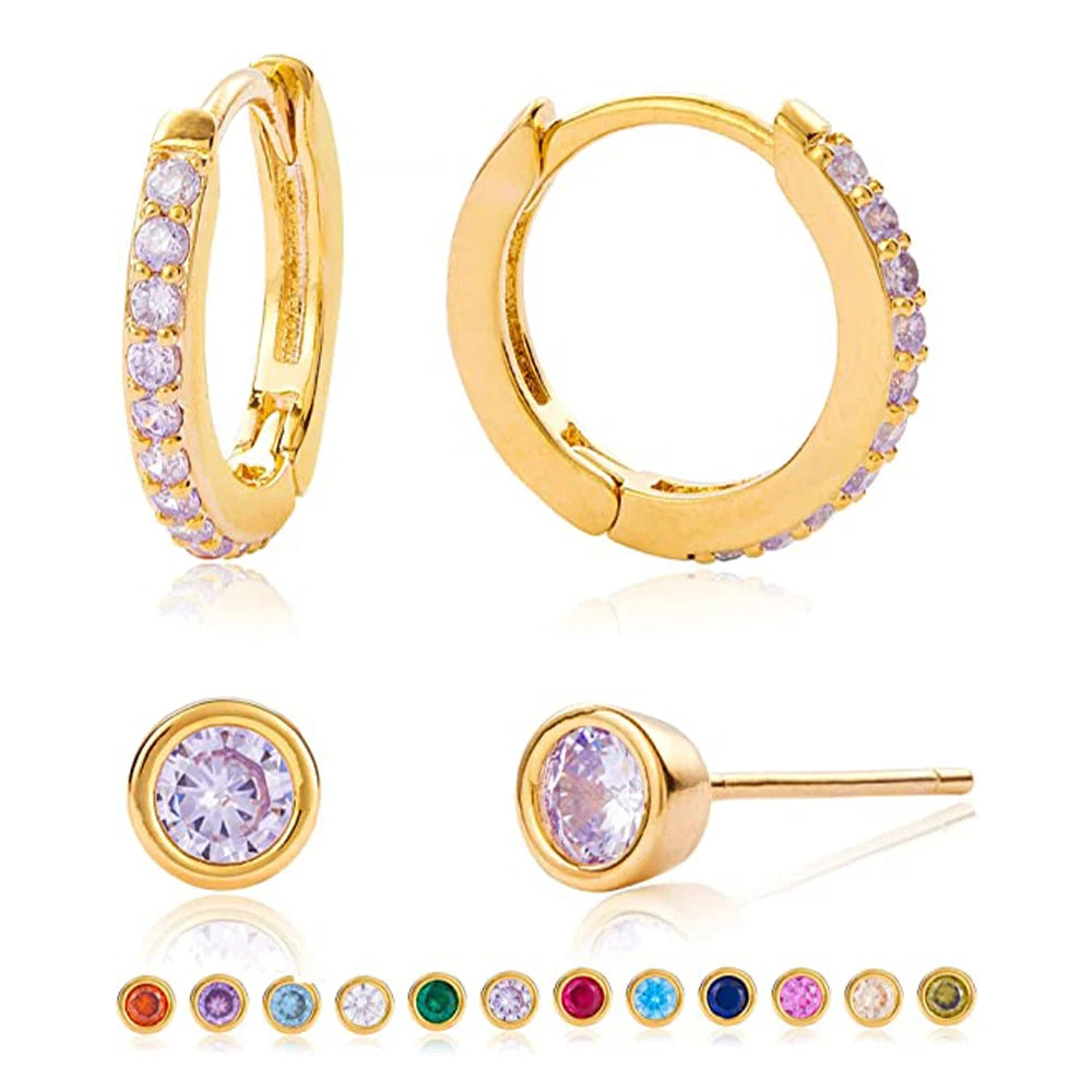 CANNER Simple S925 Sterling Silver 12 Twelve Months Temperament Classic 4Pcs/Set Earrings Color Zircon Birthstone Hoop Earrings