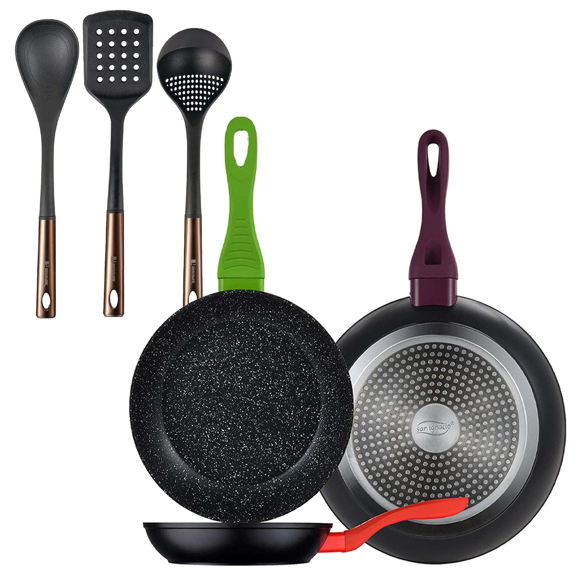 Set of 3 San Ignacio 20/24/28 forged aluminum frying pans induction compatible + Set of 3 black and copper PBT kitchen utensils