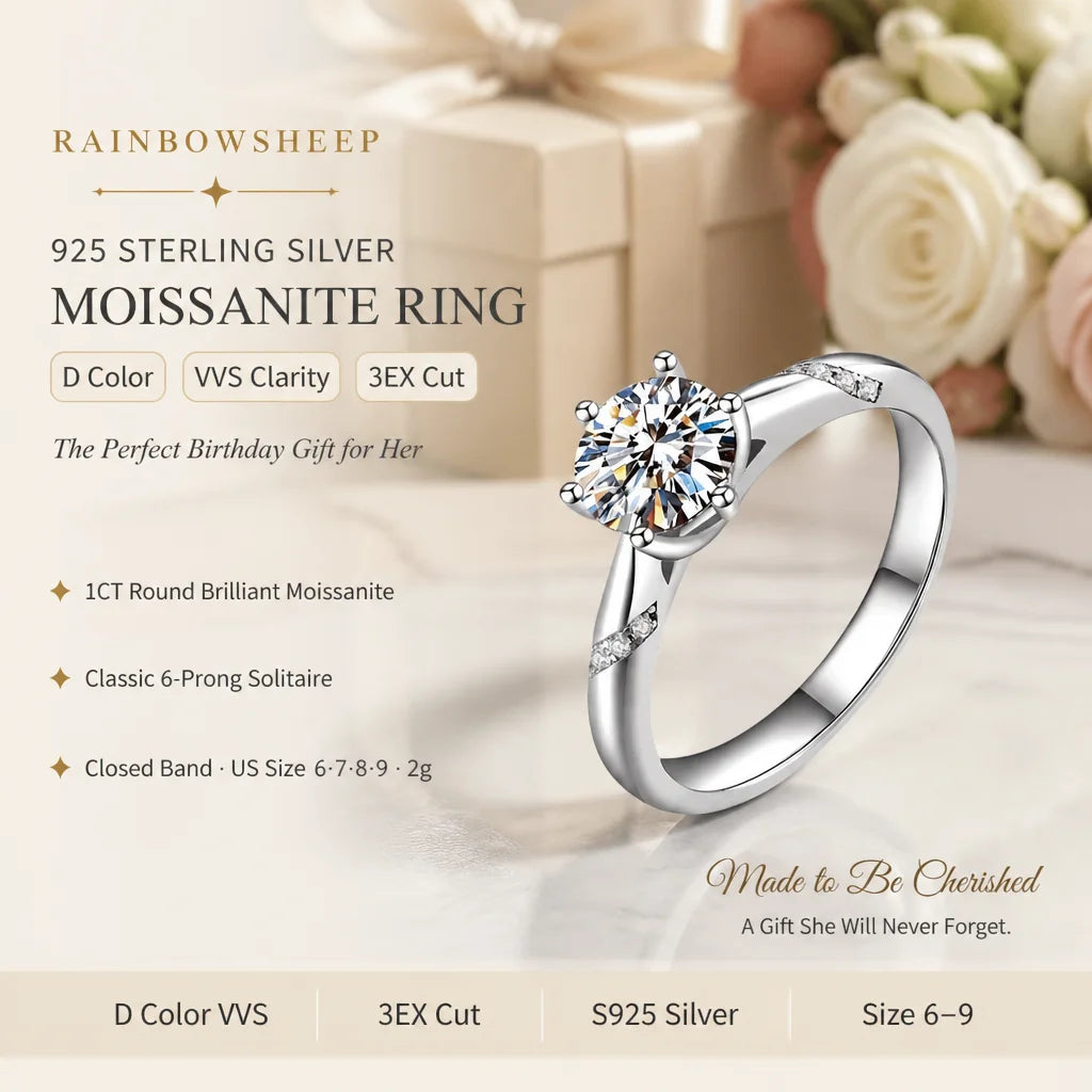 1ct Moissanite Diamond Rings S925 D Color VVS Six-Prong Solitaire with 3EX Cut Wedding Engagement Ring Jewelry for Women MegaBDM