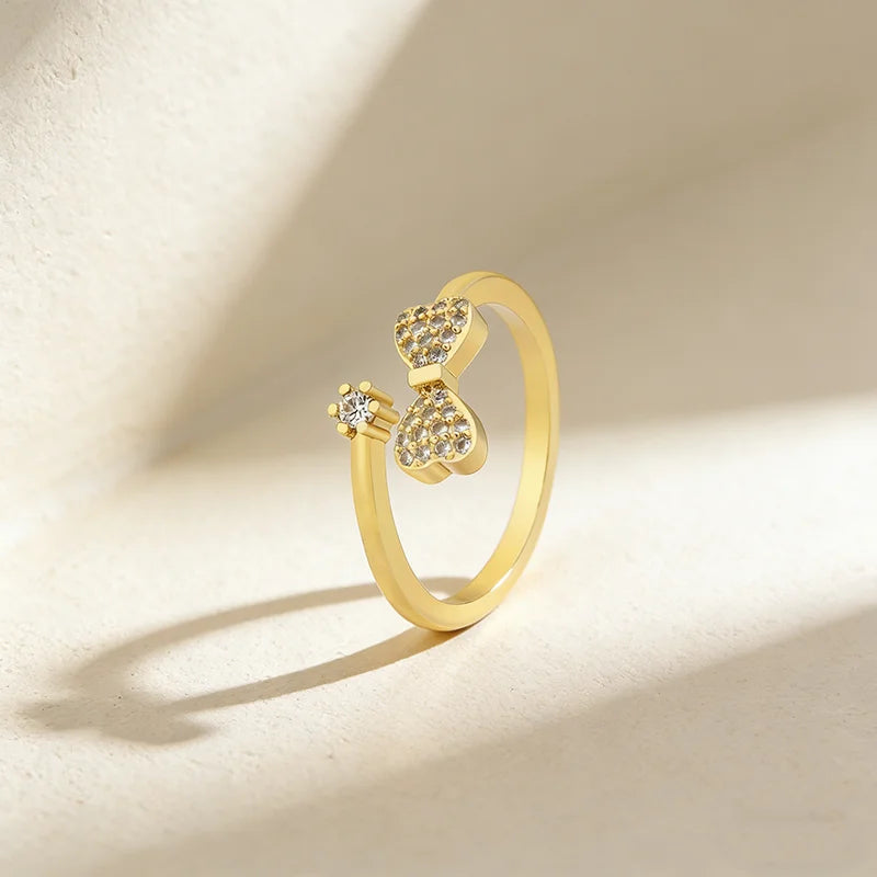 QIKU Elegant Bow Shape Opening Adjustable Rings Women Copper Zircon Jewelry Accessories Popular Girl Gift Wholesale Dropshipping