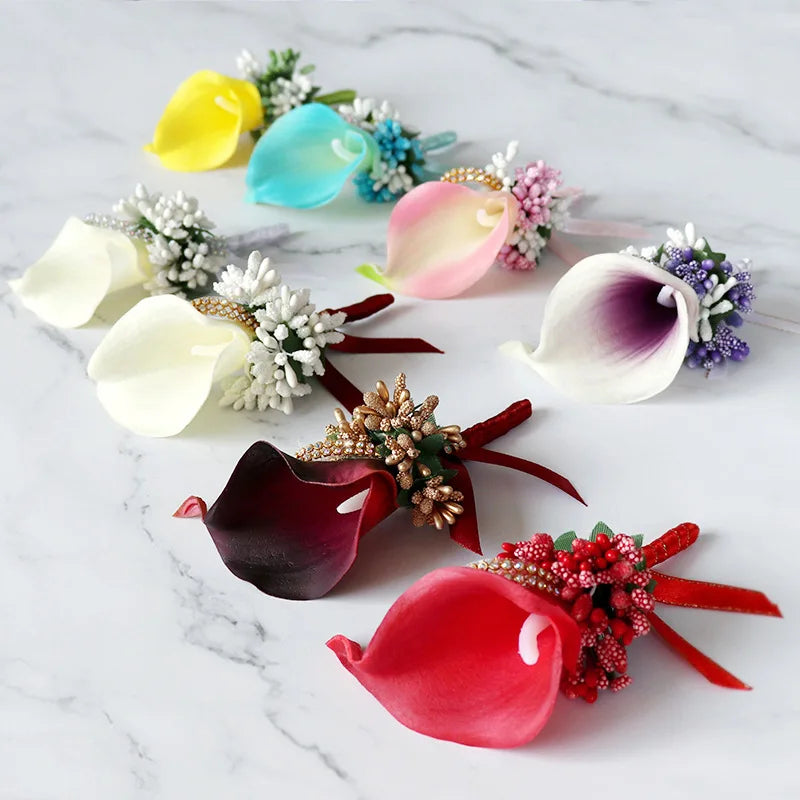Artificial Calla Lily Wedding White Corsage Boutonniere Men Flower Bride and Bridesmaid Brooch for Wedding Party Prom Accessory