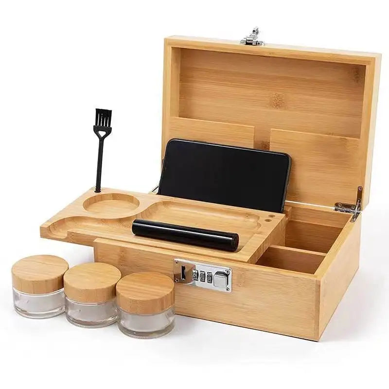 Premium Large Bamboo Storage Box with Modern Design Combination Lock Removable Tray for Jewelry Locking Storage
