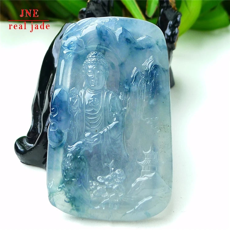 Myanmar Natural a Type Jadeite Jade Pendant Ice-Like Floating Flowers Amitabha Buddha Emerald Pendant 66.62 MegaBDM