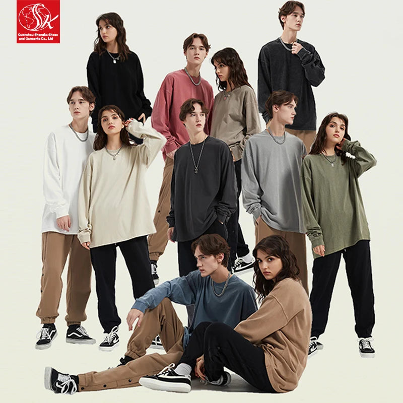 SK 310G Men's 100% Cotton Vintage Print Sashiko Robe Silk Screen Printing Long Sleeve Oversized T-Shirt Knitted Blank Design