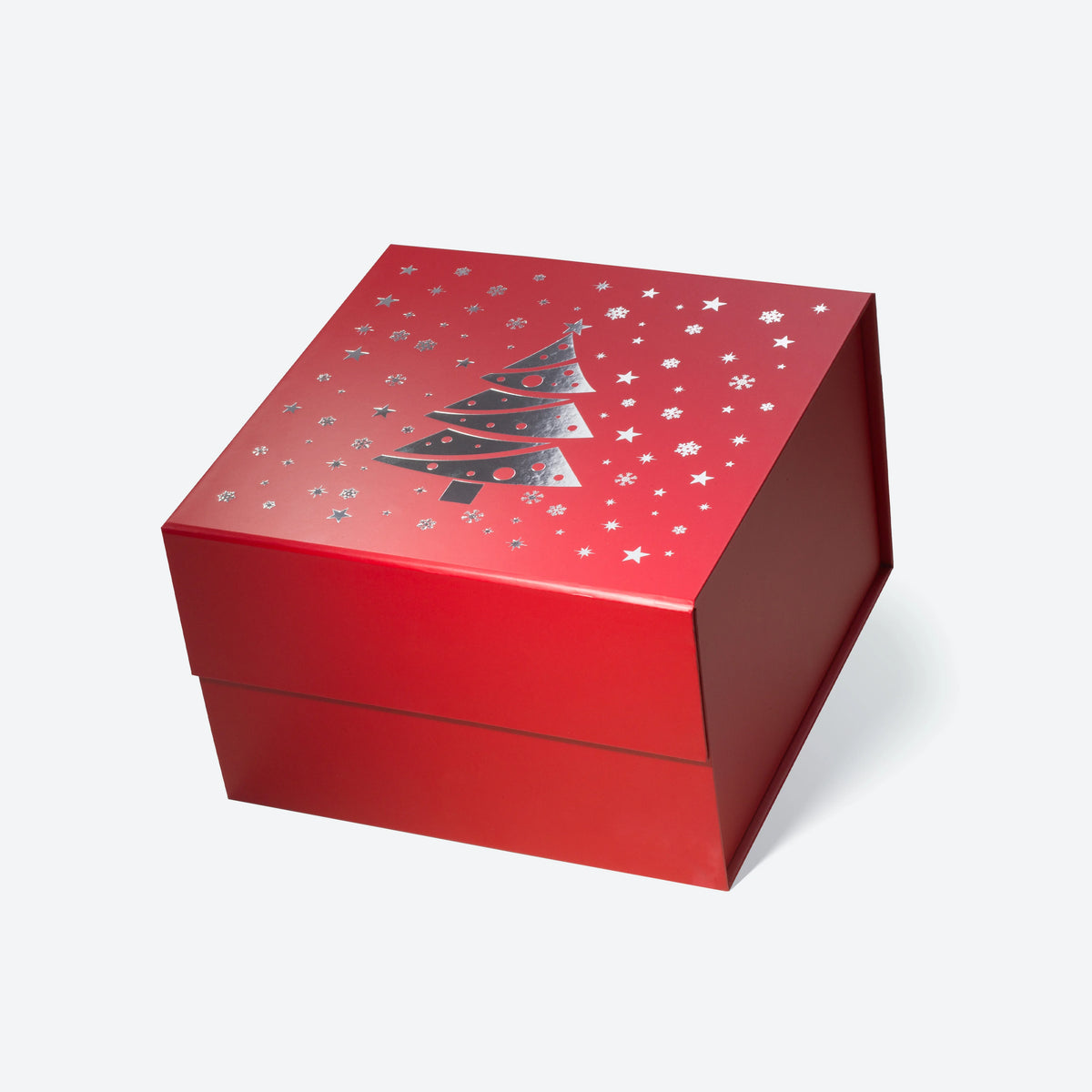 A5 Square Deep Red Christmas Tree Silver Hot Stamping Magnetic Gift Box Luxury Retail Packaging Custom Cardboard Present Boxes MegaBDM
