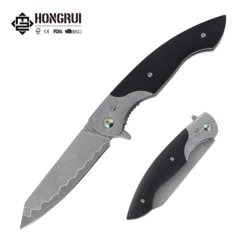 2026 New Design Custom CNC Damascus Blade for Portable Outdoor Survival Camping Gift Folding Knife Pocket Knife with G10 Handle