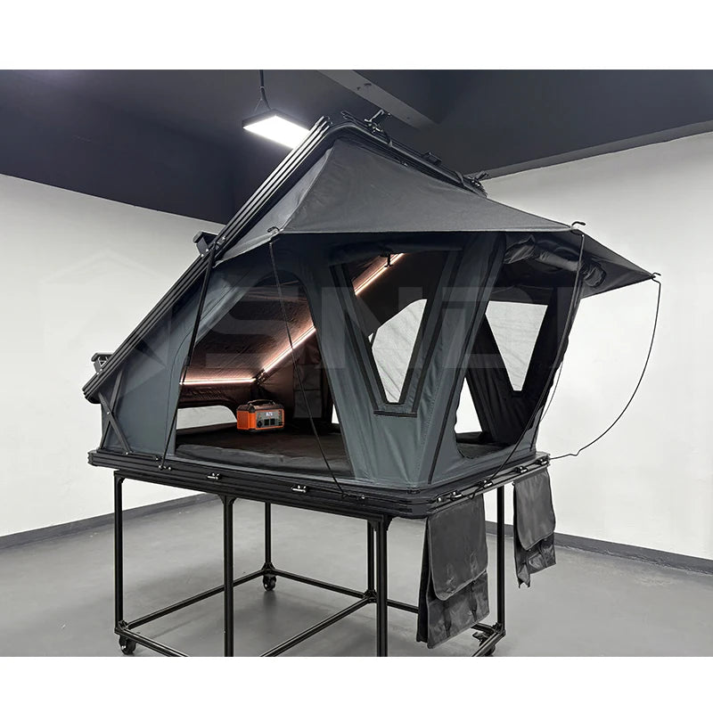 SNDN New Design Large Capacity 3-4 Person Aluminum Roof Top Tent Hard Shell X Hinge Roof Top Tent Rear Window Roof Top Tent