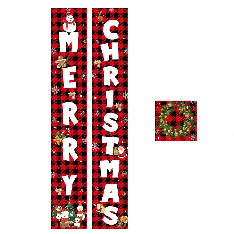 Merry Christmas Porch Banner Set 70.8x11.8in Buffalo Plaid Candy Cane Porch Hanging Banner for Indoor Outdoor Porch Decoration
