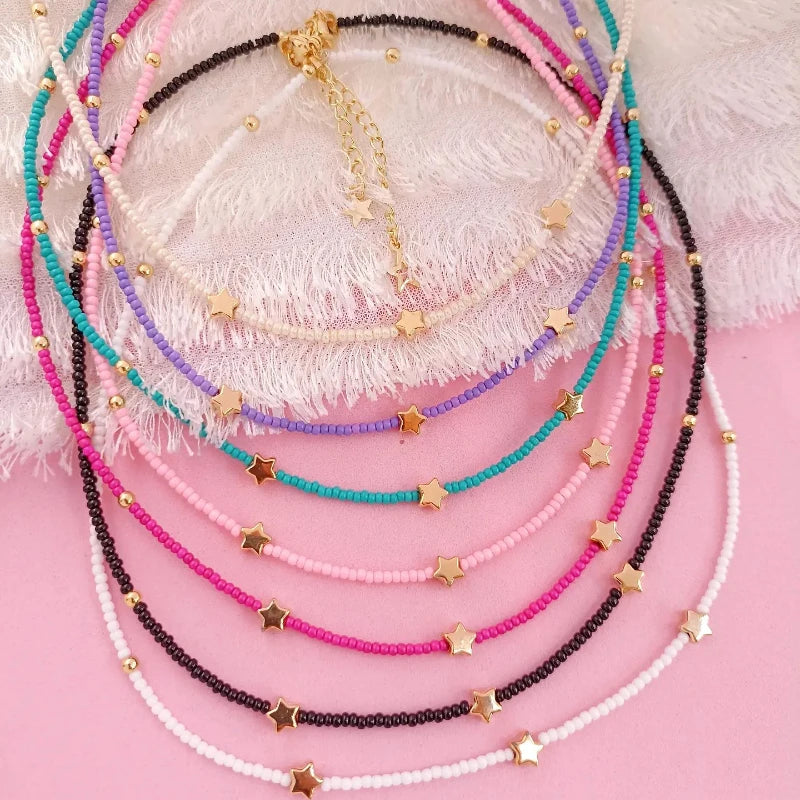 Summer Beach Bohemian Rainbow Glass Seed Beaded Star Charm Necklace for Women White Beads Jewelry