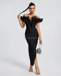 Ocstrade Fashion Design Para Mujeres Elegant Evening Dress Off Shoulder Mesh Ruffles High Slit Bodycon Evening Bandage Dress